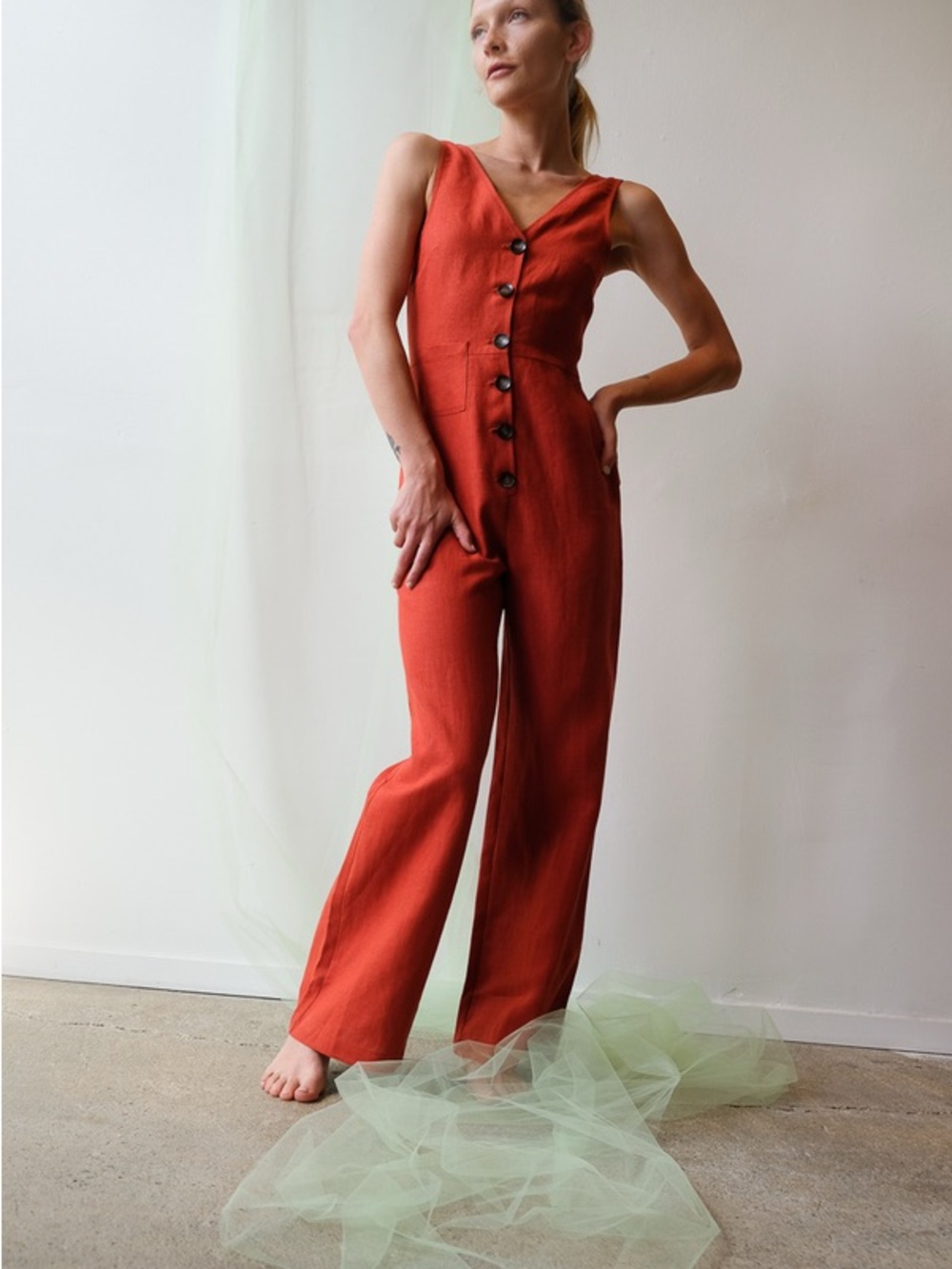 Paloma Wool Linen Alana Jumpsuit in Rust color